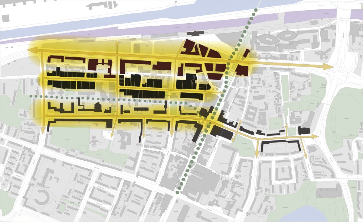 Baustruktur-Achsen: Profilierung Straßenzüge / Konzentration Nutzungen 