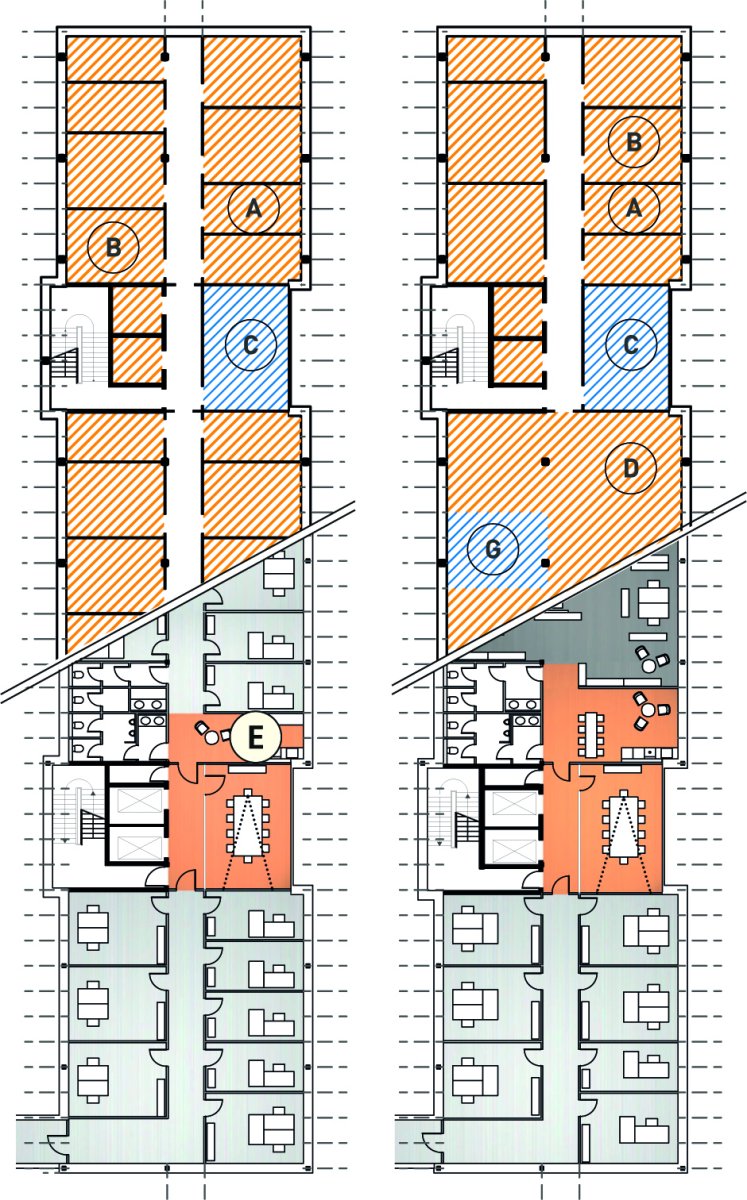 Grundrissschema - Beispiel Zellenbüro & Großraumbüro