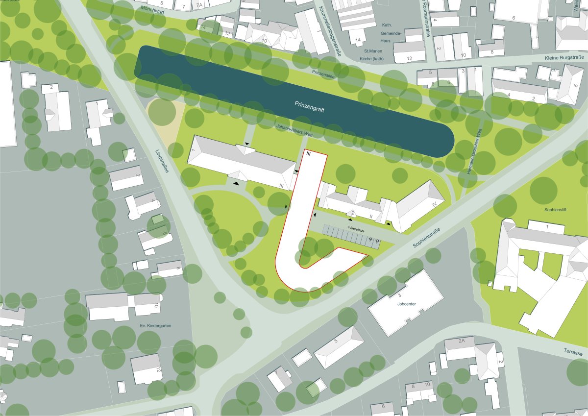 Lageplan des aktuellen Standortes an der Lindenallee mit Erweiterungsbau