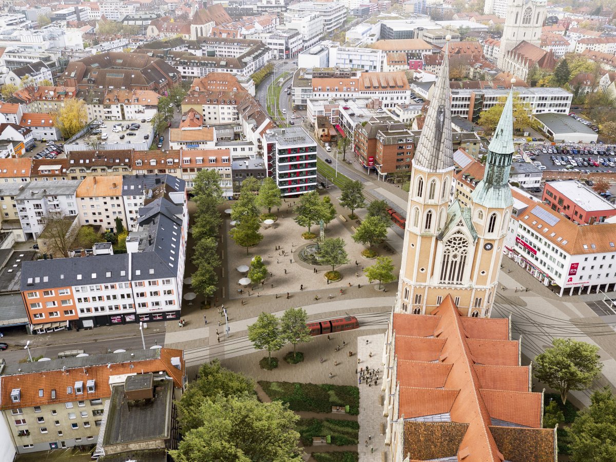Vogelperspektive mit Blick auf den Marktplatz