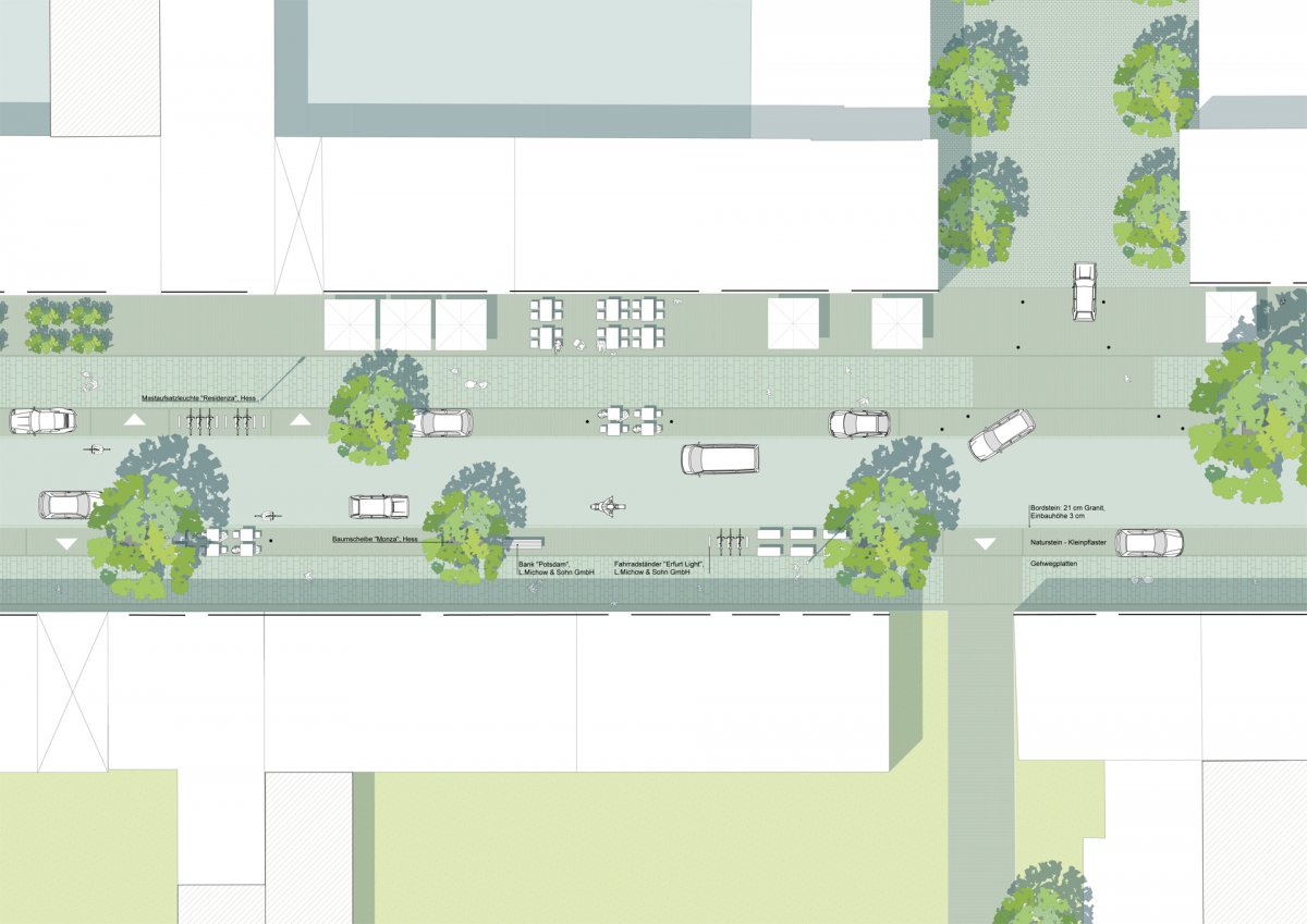 Flexibel nutzbarer Funktionsstreifen zwischen Gehweg und Fahrbahn